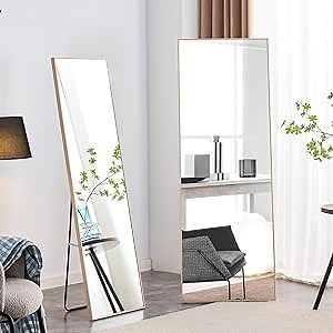 Full Length Mirror, 65"x23" Full Body Floor Mirror with Stand, Floor Standing Mirror Full Body Mirror, Hanging Mounted Mirror for Bedroom Cloakroom, Solid Wood Frame, Light Oak