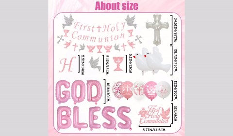 Baptism Decorations First Communion Banner - Confirmation Party Decoration God Bless Balloon Cake Topper Garland Latex Balloons, Pink Christening Decor for Girls Party Supplies