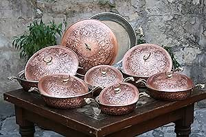 Handmade Embossed Copper Cookware Sets, Traditional Copper Cookware, Dinnerware, Copper Cookware (Set of 7), Red Copper