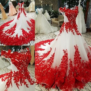 [Hot Item] Lace Ball Gown Red Ivory Color Accent Bridal Wedding Dress Ld1162
