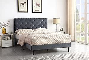 Full Upholstered Platform Bed Frame with 48" Tall Adjustable Headboard - Button Tufted Suede Velour Bed- Wood Slat Support with Storage Space - No Box Spring Needed - Grey - OLIVER & SMITH - Princeton
