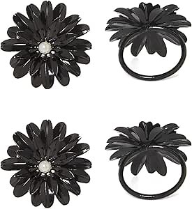 Vibhsa Handcrafted Flower Napkin Rings (Set of 4, Black)