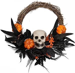 Halloween Wreath for Front Door, Halloween Skull Wreath with Pumpkin 18inch Fun Halloween Porch Decor Wreath, Halloween Front Door Halloween Hanging Decorations for Home Party Wall Indoor Outdoor
