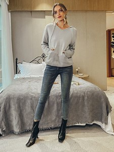 [Hot Item] Drawstring Hooded Women Solid Color Pullover Hoodies Tops Casual Button Down Sweater