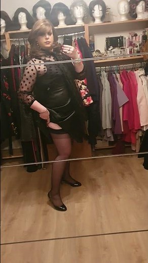 Christina d'Yvon - elegant crossdresser. organza polkadot blouse with leather skirt