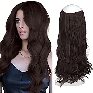 FESHFEN Invisible Wire Hair Extensions with Transparent Headband Adjustable Size One Piece Synthetic Long Curly Wavy Secret Hairpieces for Women, 18 inch