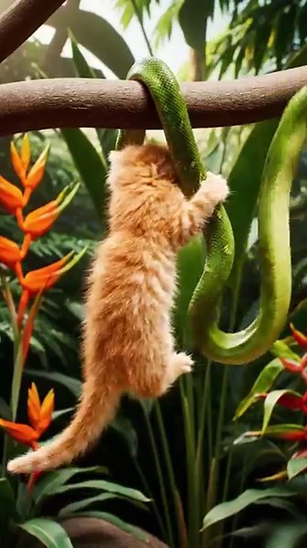 Kitten Swings on Snake Hanging From Tree 😱 | Cat vs Snake