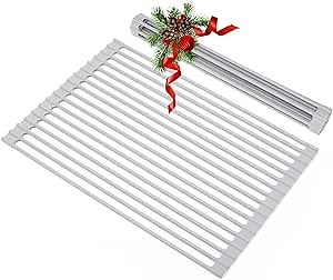 ABQ Dish Drying Rack Over Sink Foldable, Roll Up Multipurpose Dish Drying Rack for Kitchen Sink Counter Storage Organizer, Silicone Wrapped Stainless Steel Sink Rack Drainer Mat (17.5''×13'') Grey