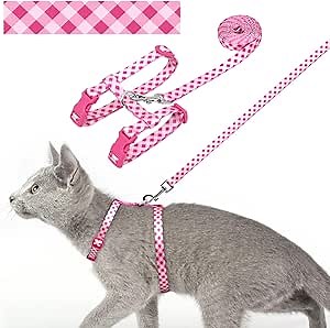 azuza Cat Harness and Leash Set for Safe Walking and Travel, Escape Proof Cat Harness, Lightweight Soft and Comfortable, Adjustable Kitten Harness for Small Medium Large Cats, Pink Plaid
