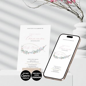 First Holy Communion Invitation Template Girl Pink Roses Eucalyptus Watercolor Religious Invite Printable Digital First Communion DIY Canva - Etsy Australia
