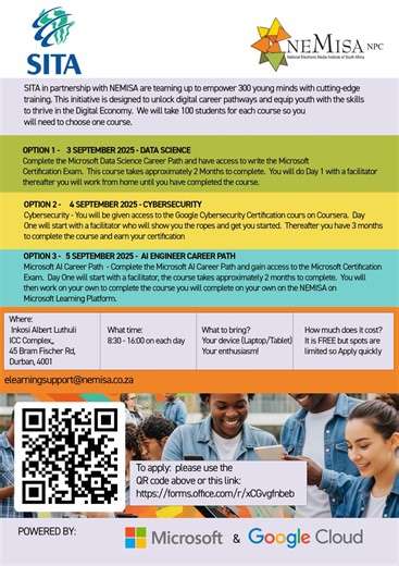 SITA & NEMISA Digital Skills Training Programme (X300 Posts) 2025 Are you ready to take the leap into the digital future? The State Information Technology Agency (SITA), in partnership with the National Electronic Media Institute of South Africa (NEMISA), is opening doors for 300 young South Africans to join a cutting-edge Digital Skills Training Programme. This opportunity is designed to empower youth with critical digital skills that will shape their careers in the fast-growing digital economy