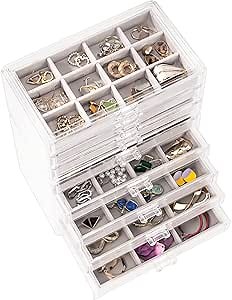 ProCase Earring Holder Organizer Jewelry Box with 8 Drawers, Acrylic Clear Earring Case with Adjustable Velvet Trays for Women - Grey, 8 Layers