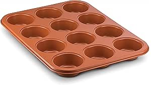 Ceramic Coated Copper Muffin Pan 12 Cup - Premium Nonstick, Even Baking, Dishwasher and Oven Safe - PTFE/PFOA Free -Red Cookware and Bakeware by Bovado USA