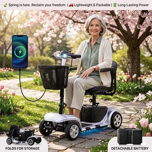 Foldable Mobility Scooter for Adults Elderly– 4-Wheel Portable Motorized Scooter with 300 lbs Capacity, Detachable Battery，Including Charger