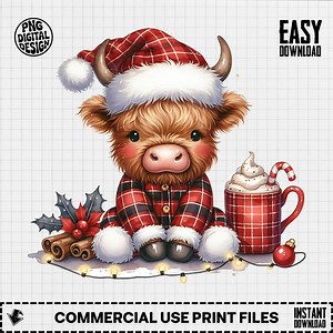 Cute Highland Cow Christmas PNG Digital Download, Plaid Pajamas Holiday Clipart, Winter Hot Cocoa, Festive Highland Cattle PNG Art - Etsy