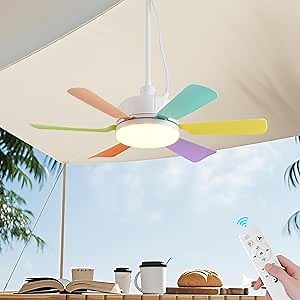 18" Ceiling Fan,Portable Ceiling Fans with Lights,3 Color Dimmable 3 Fan Speeds,Plug in Hanging Ceiling Fan for Bedroom,Tent,Indoor.Colorful Blades