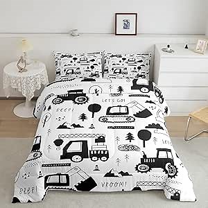 Feelyou Construction Bedding Set Full Size Equipment Trucks Comforter Set for Kids Boys Girls Decor Cartoon Car Excavator Tractor Comforter Black White Duvet Set Bedroom Quilt Set