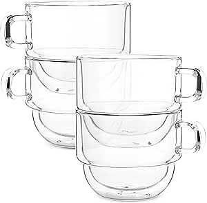 BTaT- Stackable Insulated Coffee Mugs, 4 Pack 12 oz(350 ml), Ideal for Hot and Cold Drinks, Stackable Cappuccino Cups, Double Wall Glass Coffee Cups, Tea Cups, Latte Cups, Latte Mug