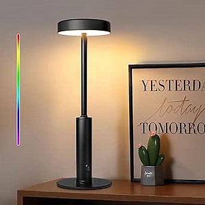 Ascher Small Cordless Table Lamp, 3 Color Temperatures & 7 RGB Colors, Built-in Rechargeable Battery, Dimmable Touch Bedside Lamps, Ambient Lamp for Bedroom,Dining Room Restaurant Cafe Patio(Black)
