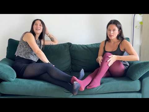 Micaela and Felicia try on striped stockings together by Maquiavelica