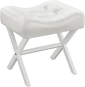 Memobarco 18-Inch Large Leather Vanity Stool, Vanity Chair with Metal X-Leg, Ottoman Accent Stool with Thick Padded Saddle Seat, White