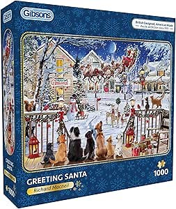 Gibsons Greeting Santa 1000 Piece Jigsaw Puzzle – Christmas Eve Dogs & Festive Animals – Sustainable Puzzle for Adults & Teens – Premium 100% Recycled Board