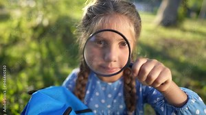 the girl holds a magnifying glass in her hands. gaining knowledge and curiosity concept. a schoolgirl girl with a black magnifying glass is lifestyle examining something, park on the background