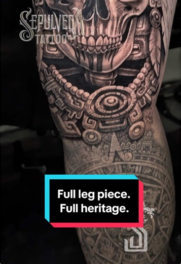 Full Aztec Leg Sleeve Tattoo: Skull and Jaguar Warriors