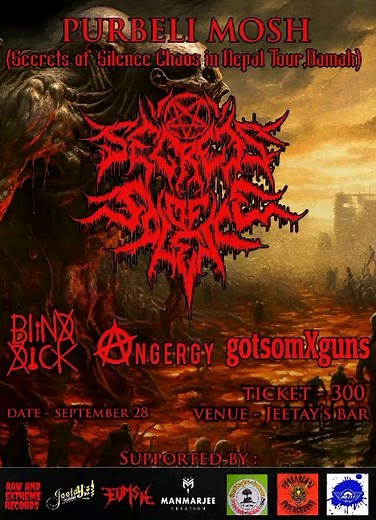 52 reactions | Purbanchal get ready for Purbeli Mosh feat. @secrets_of_silence_official , Blind Dick, Angergy & GotsomXGuns ; Venue - @jeetays_bar2019 ; Ticket Price - 300/- Nrs only ; for more info contact @asimjinjer 蘭 For @rawandextremerecords ; Appreciation & regards to everyone out there whose efforts are giving us to do metal in Nepal  | Eumsn Nepal | Facebook