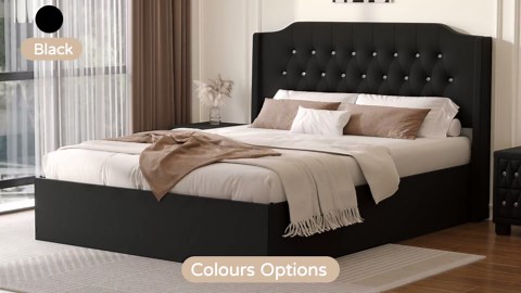 Queen Size Tufted Upholstered Platform Bed Frame with Crystal Button Accents, Bed Frame with Wingback Headboard and Under-Bed Storage Space, No Box Spring Needed,Easy Assembly (Black, Queen)