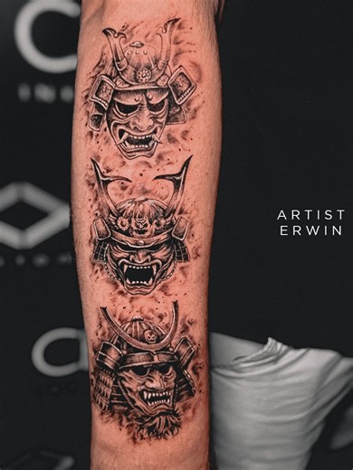 This piece incorporates 3 realistic japanese-style samurai masks to symbolise honor, discipline, loyalty and strength, reflecting the warriors code of Bushido ⛩️ 🏯🎎. DM to book!💌 #cbink #viral #fyp #tattoo #brisbane #trending