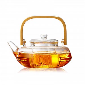 [Hot Item] Heat Resistant Clear Hand Blown Flower Tea Pot Glass Teapot with Removable Infuser Bamboo Handle