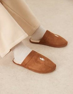Polo Ralph Lauren Klarence slippers with icon logo in tan | ASOS