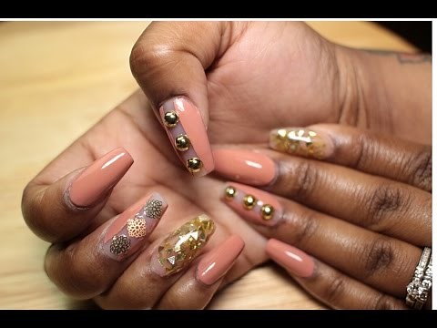 Nude and Gold Mosaic Acrylic Nails | LongHairPrettyNails