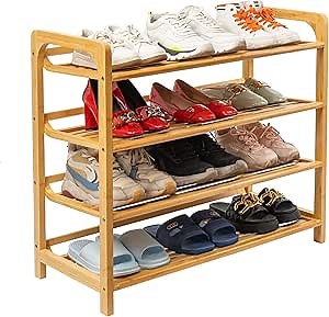 Bamboo Shoes Rack Bench 4-Tier - free-standing sturdier shoe racks for bedroom closets and entryways – floor shoe rack storage organizer - wooden show rack for shoes, boots and sneakers