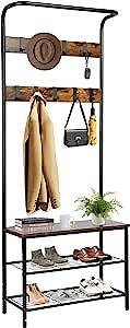 YISUYA Entryway Hall Tree, Entryway Bench with Coat Rack, 3-in1 Hall Tree Coat Shoe Rack Stand, Hall Tree Coat Rack Shoe Bench, Coat Hat Rack, for Entrance, Hallway, Rustic Brown