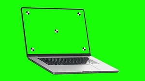 3d render of laptop moving in a green background with green screen with marks for tracking