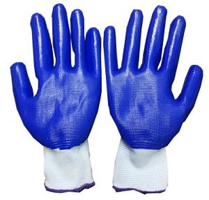 [Hot Item] 13 Needle Nylon Labor Insurance Construction Glove Thick Blue Rubber Palm-Coated Protective Hand Nitrile Safety Work Gloves