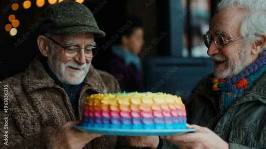 Two smiling senior men in a loving gay relationship celebrating a special occasion with a pride cake