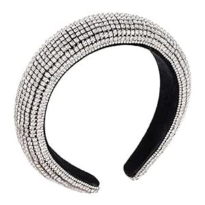 Rhinestone Crystal Padded Headband for Women,Bejeweled Velvet Elastic Wide Hairband,Fashion And Comfortable Hair Hoops Accessories for Girls (Diamond Headband Silver)