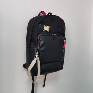 [Hot Item] Chic Black Nylon-Leather Backpack: Pink Accent for Urban Fashion & Daily Use