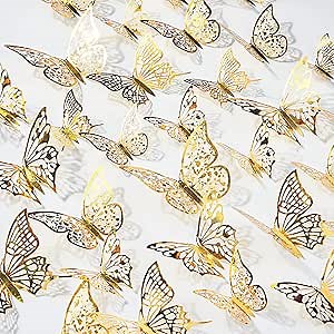 PartyWoo 3D Butterfly Wall Decals, 36 pcs Gold Butterfly Wall Stickers, Wedding Decors, Wall Decoration, Party Decorations, Party Supplies, Party Decors,1282