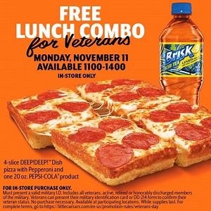 15K views · 290 reactions | FREE LUNCH COMBO for all Veterans and active military service guests who stop by today between 1100-1400! We’re honored to serve you! In-store only. Proof of service required & see terms at https://bit.ly/33luu4X. | Little Caesars | Facebook