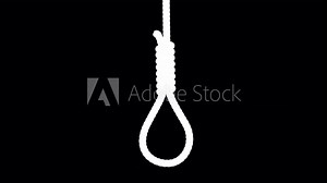Hangman's noose on white background. A rope with a knot for suicide or execution by hanging, swings from side to side like a pendulum. Seamless loop 3D animation with alpha matte.
