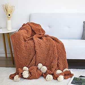 Chenille Throw Blanket, Pom Pom Knitted 51 * 63 Inch Throws Blanket Cozy Warm Throws for Couch, Sofa, Chair, Office Travel Lightweight Bed Blanket(Dark Brown)