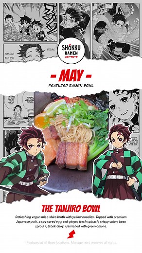 #ShokkuRamen is the ultimate comfort food and the perfect companion for any anime binge. Are you caught up on the latest episode of #DemonSlayer?! Presenting our May BOM: The Tanjiro Bowl featuring refreshing vegan miso shiro broth with yellow noodles. Topped with premium Japanese pork, a soy-cured egg, red ginger, fresh spinach, crispy onion, bean sprouts, and bok choy. Garnished with green onions. | Shokku Ramen | Facebook