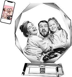 3D Crystal Cube Picture Photo Personalized & Custom Round Crystal Laser Engraved with Free LED Base Included Christmas Gifts