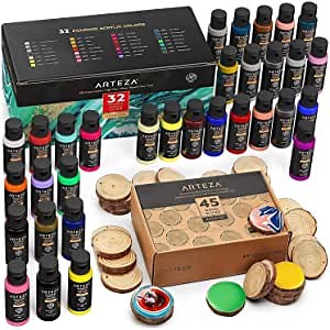 ARTEZA Pouring Bundle: Acrylic Paint set for Pouring and Wood Slices, Painting Art Supplies for Artist, Hobby Painters & Beginners