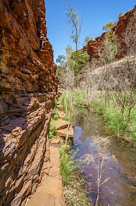 hiking down in the deep and narrow weano gorge in karijini national...