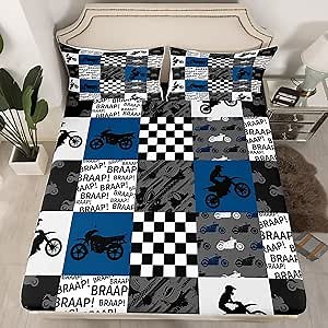 Dirt Bike Bedding Set Full Size Black Grey Blue Motocross Rider Fitted Sheet Kids Boys Teens Men Bedroom Racing Themed Patchwork Grid Deep Pocket Sheet Fashion Motorcycle Silhouette Bed Sheet 3pcs